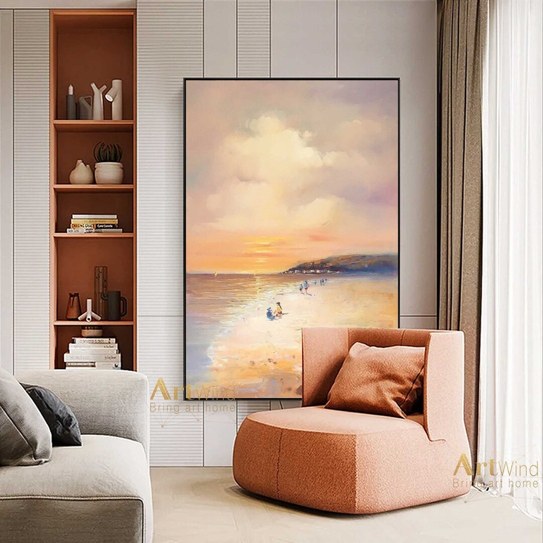 Sunset Painting Yellow Canvas Art Oversized Landscape Painting Seaside ...