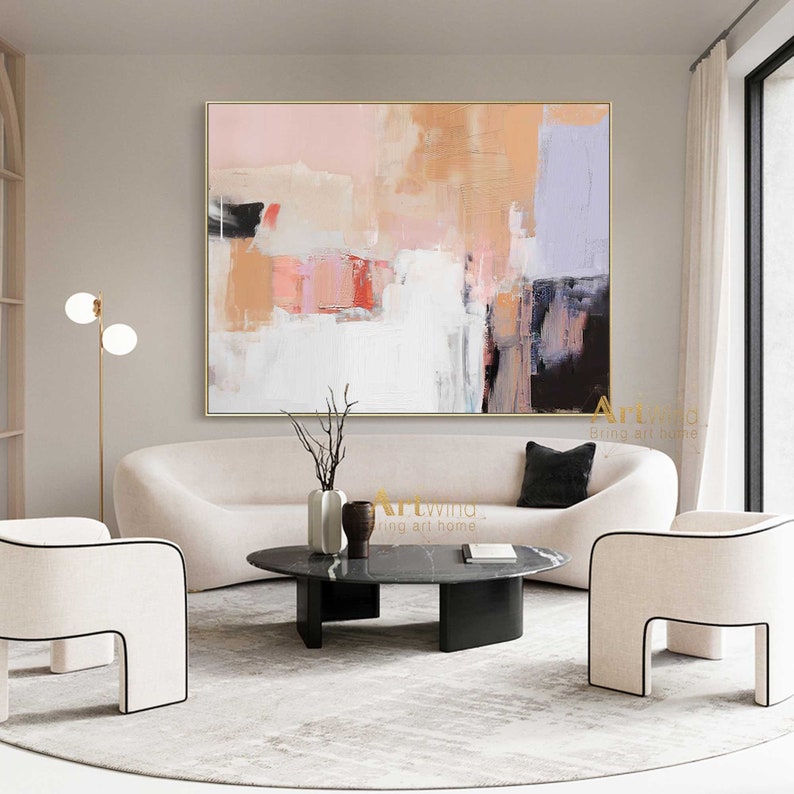 Large Abstract Acrylic Painting Pink and White Canvas Art Etsy