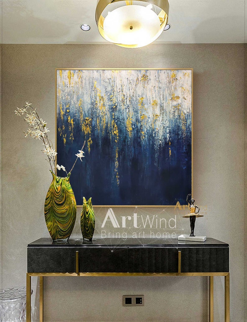 Dark Blue Painting Oversize Abstract Canvas Art Modern Wall Etsy
