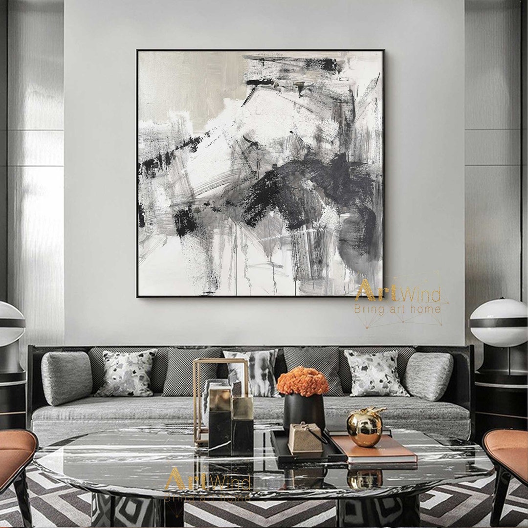 Large Minimalist Art Gray Painting Black and White Canvas Art Grey ...