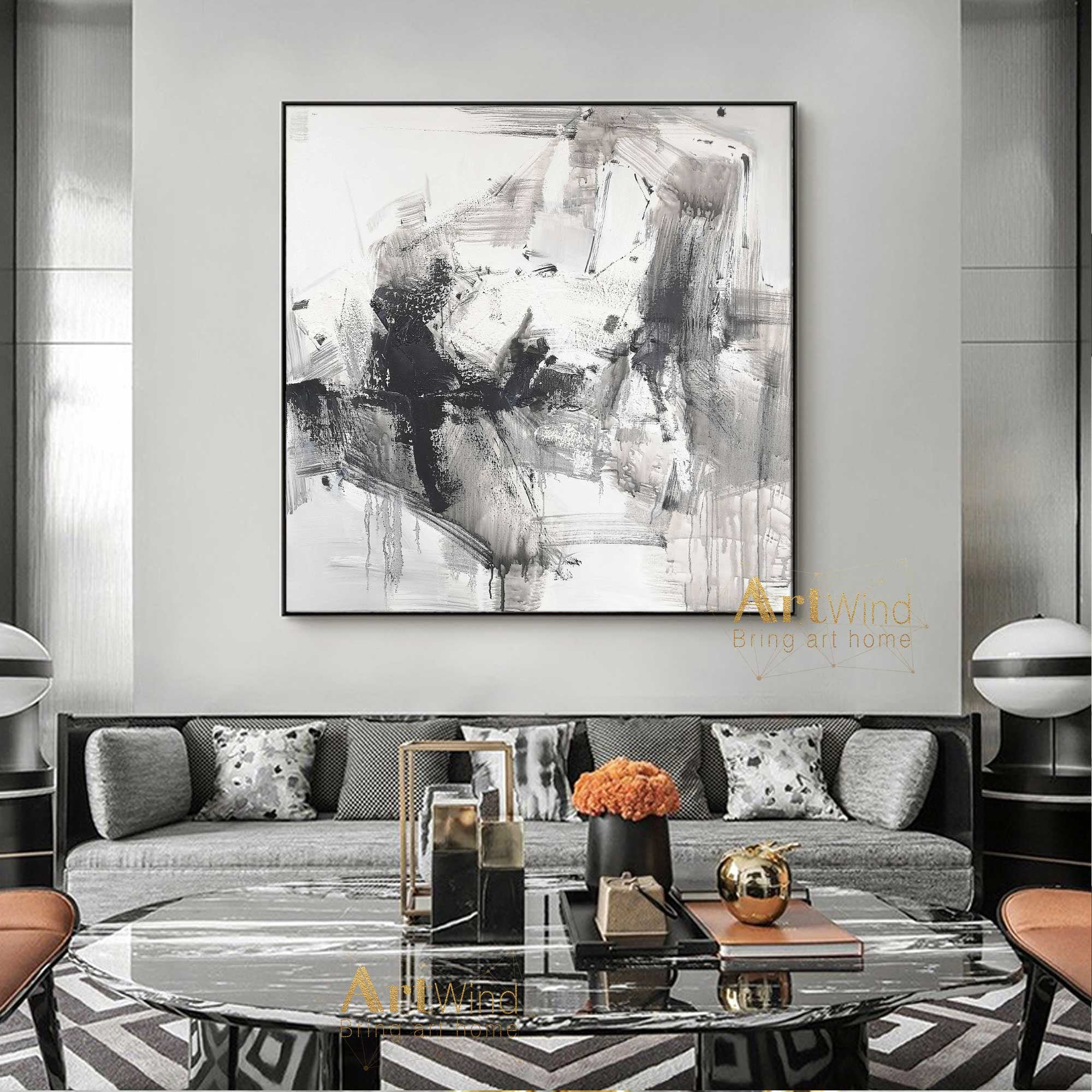 Big Minimalist Painting Gray Abstract Canvas Art Black And Etsy