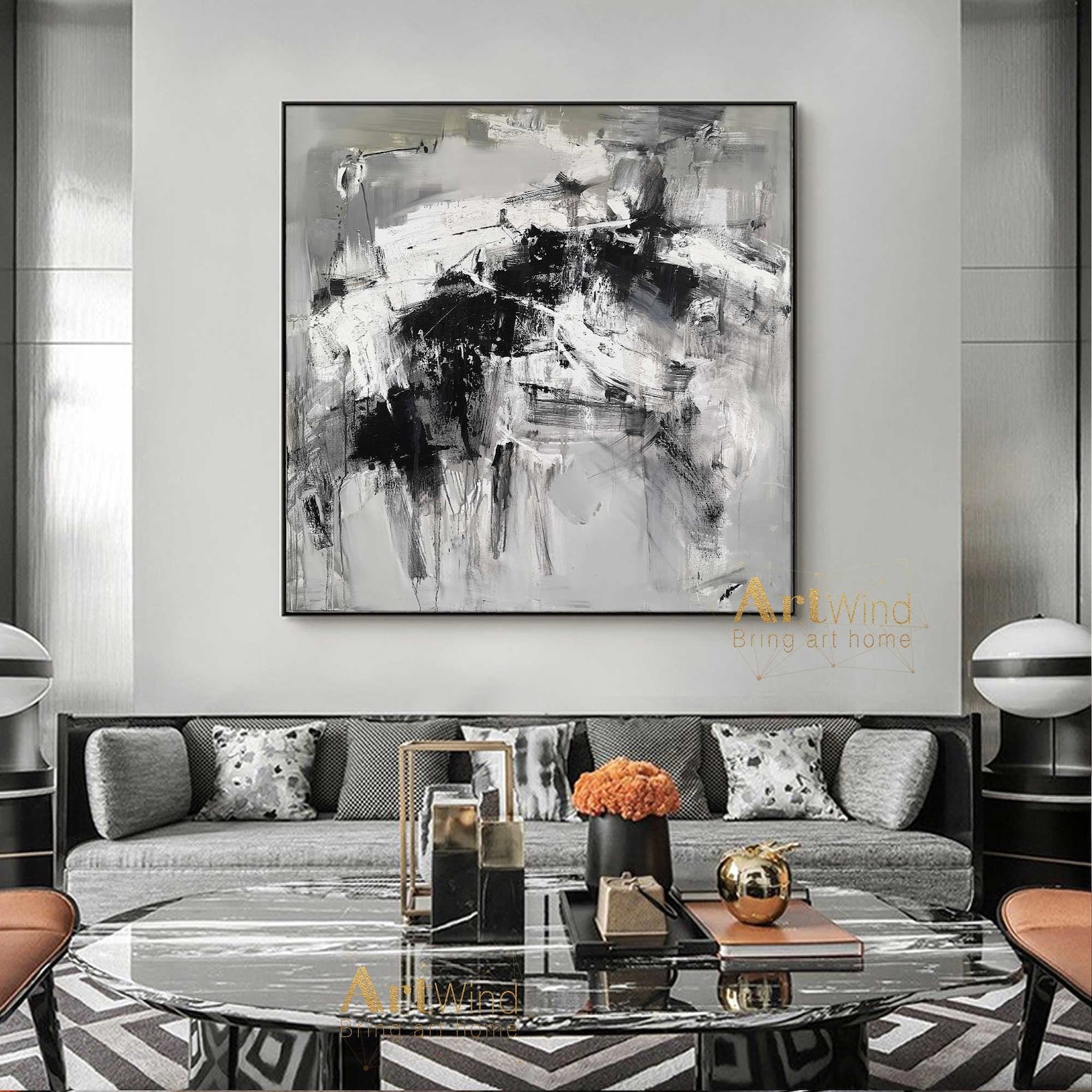 Black and White Art Large Grey Abstract Canvas Art Gray Etsy