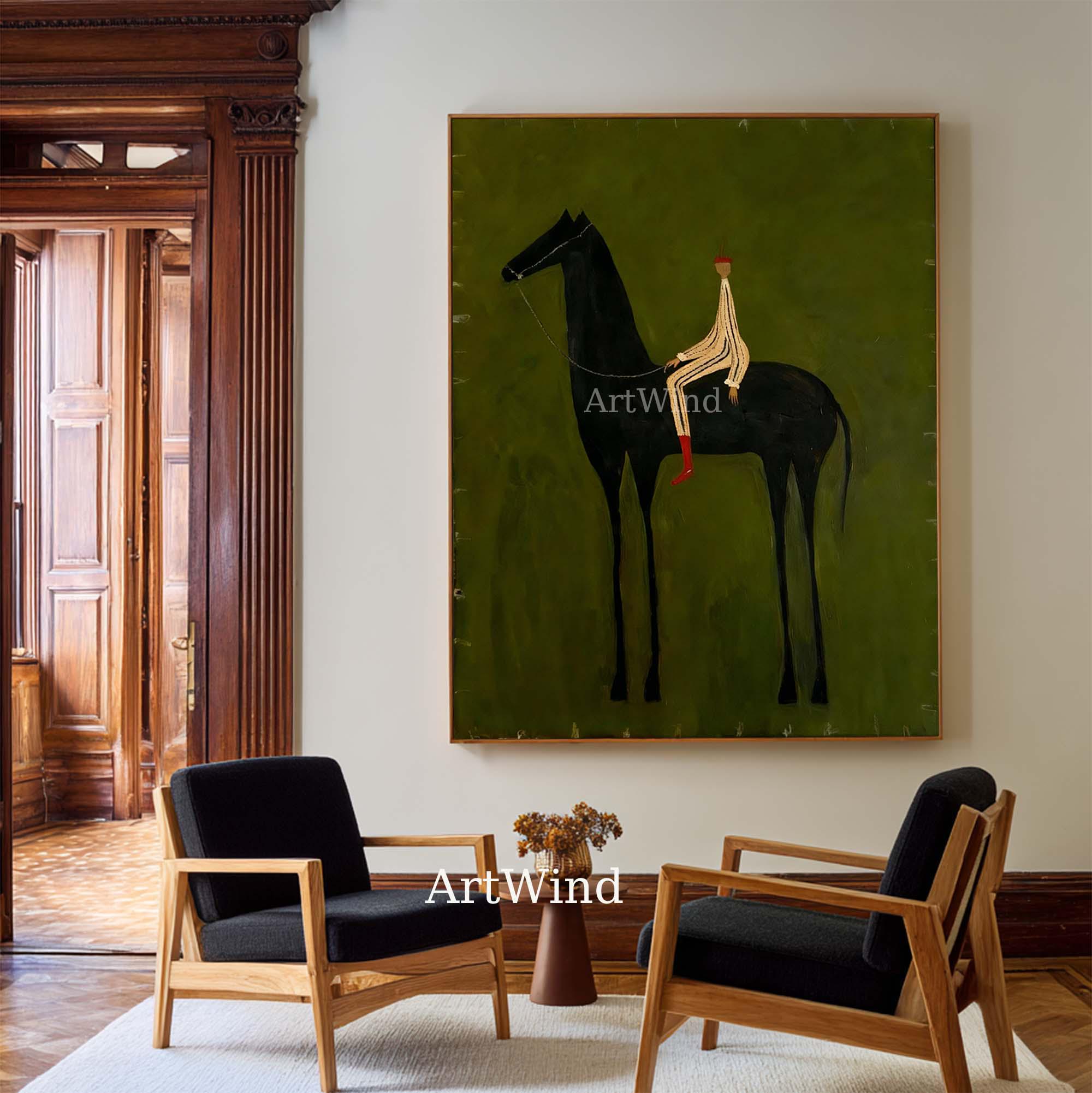 Vintage Abstract Horse Rider Oil Painting Large Olive Green Minimalist ...