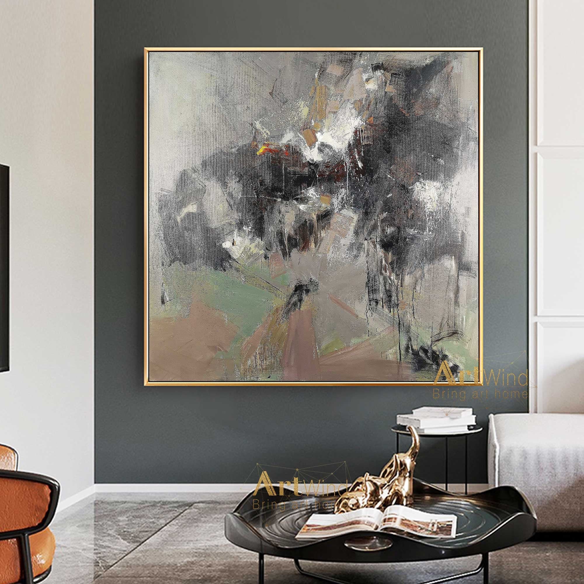 Grey Abstract Canvas Art Green And Gray Painting Black Modern Etsy