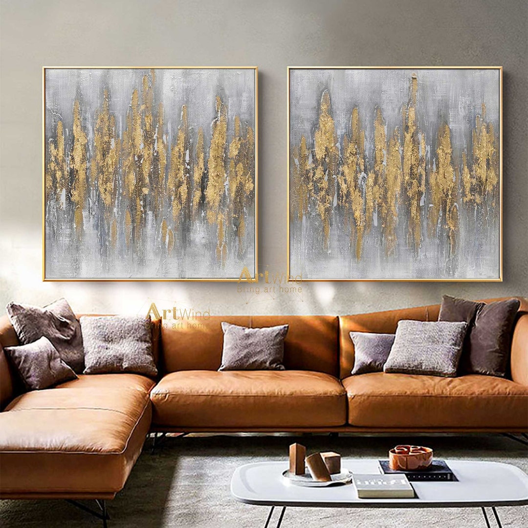 Oversized Grey Abstract Canvas Art Set of 2 Gold Leaf Abstract Painting