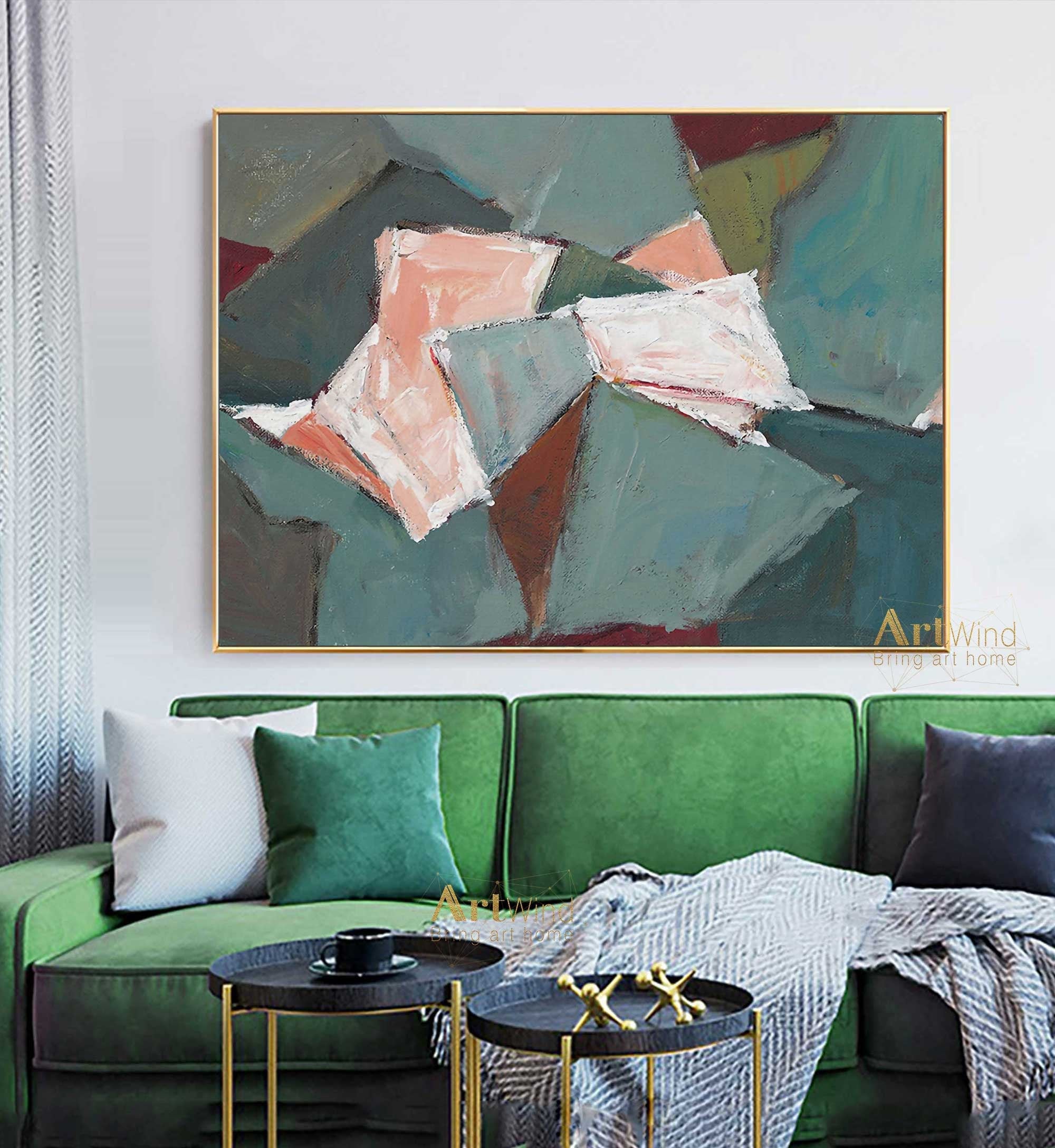 Large Green Abstract Canvas Art Light Green Minimalist Etsy