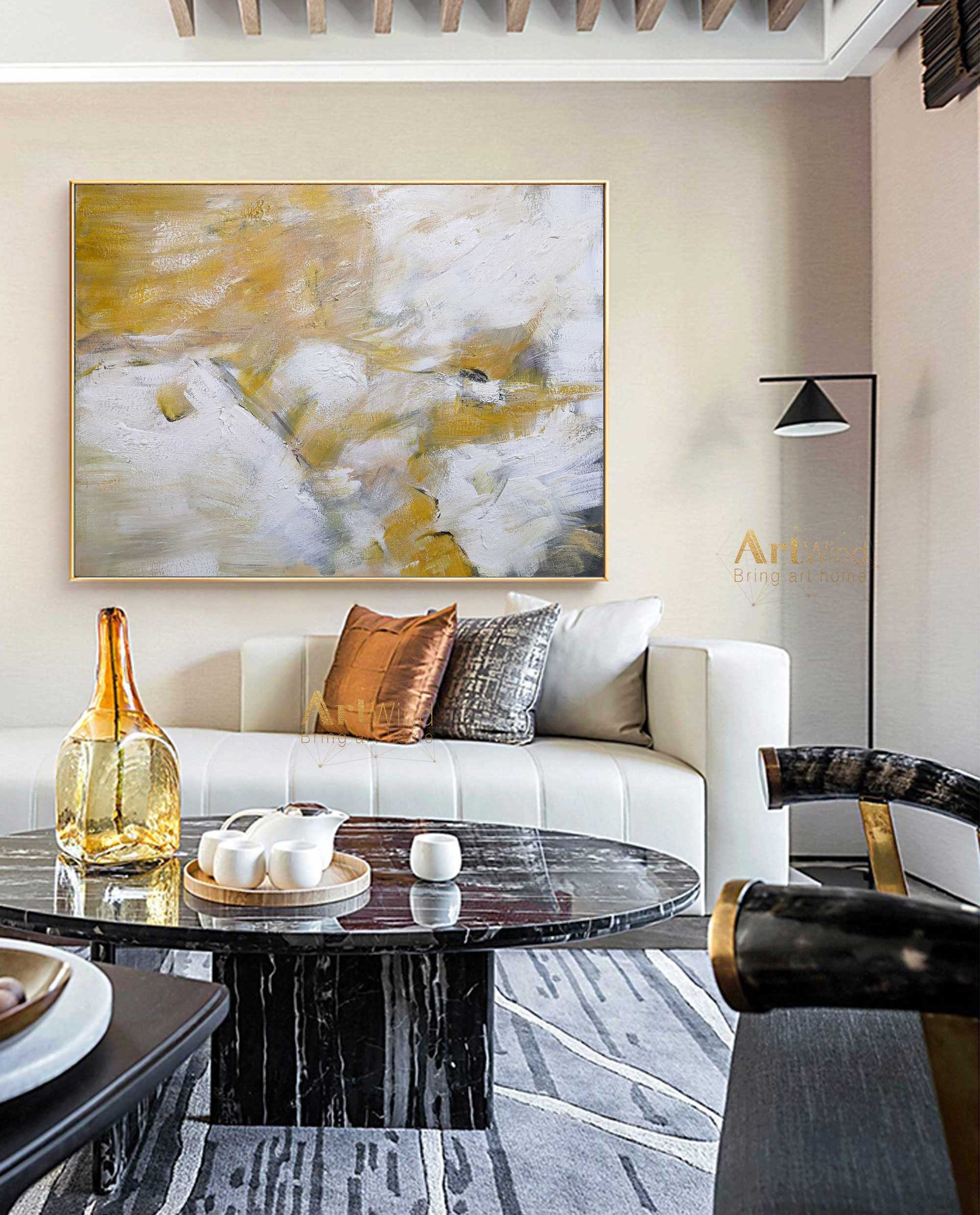 Extra Large Yellow Canvas Art Cloud Abstract Painting White Etsy