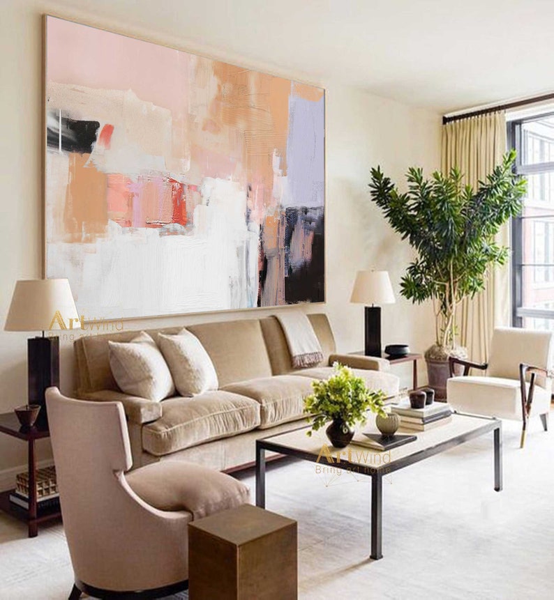 Large Abstract Acrylic Painting Pink and White Canvas Art Etsy