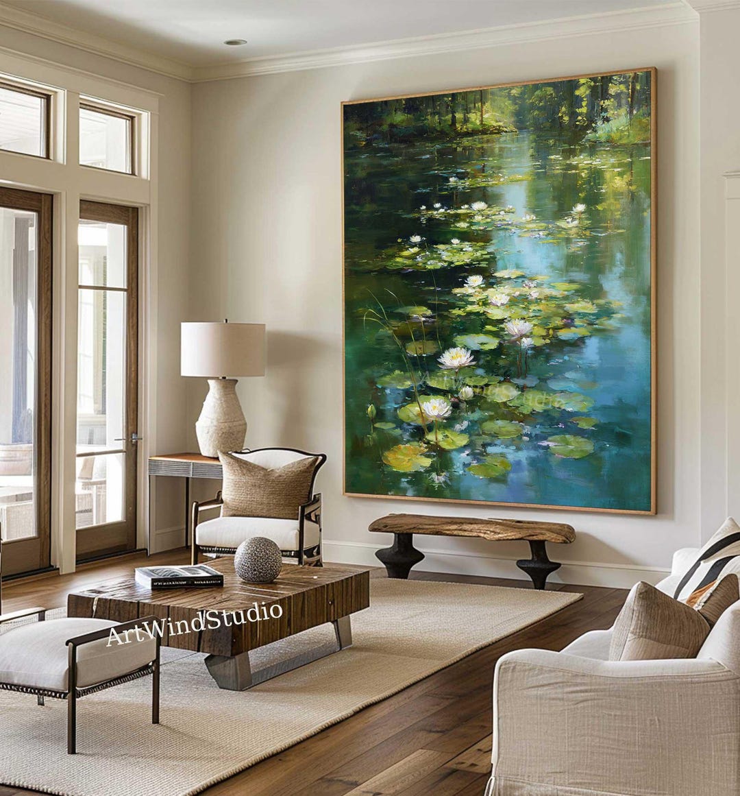 Abstract Water Lily Pond Oil Painting Green Nature Landscape Canvas ...