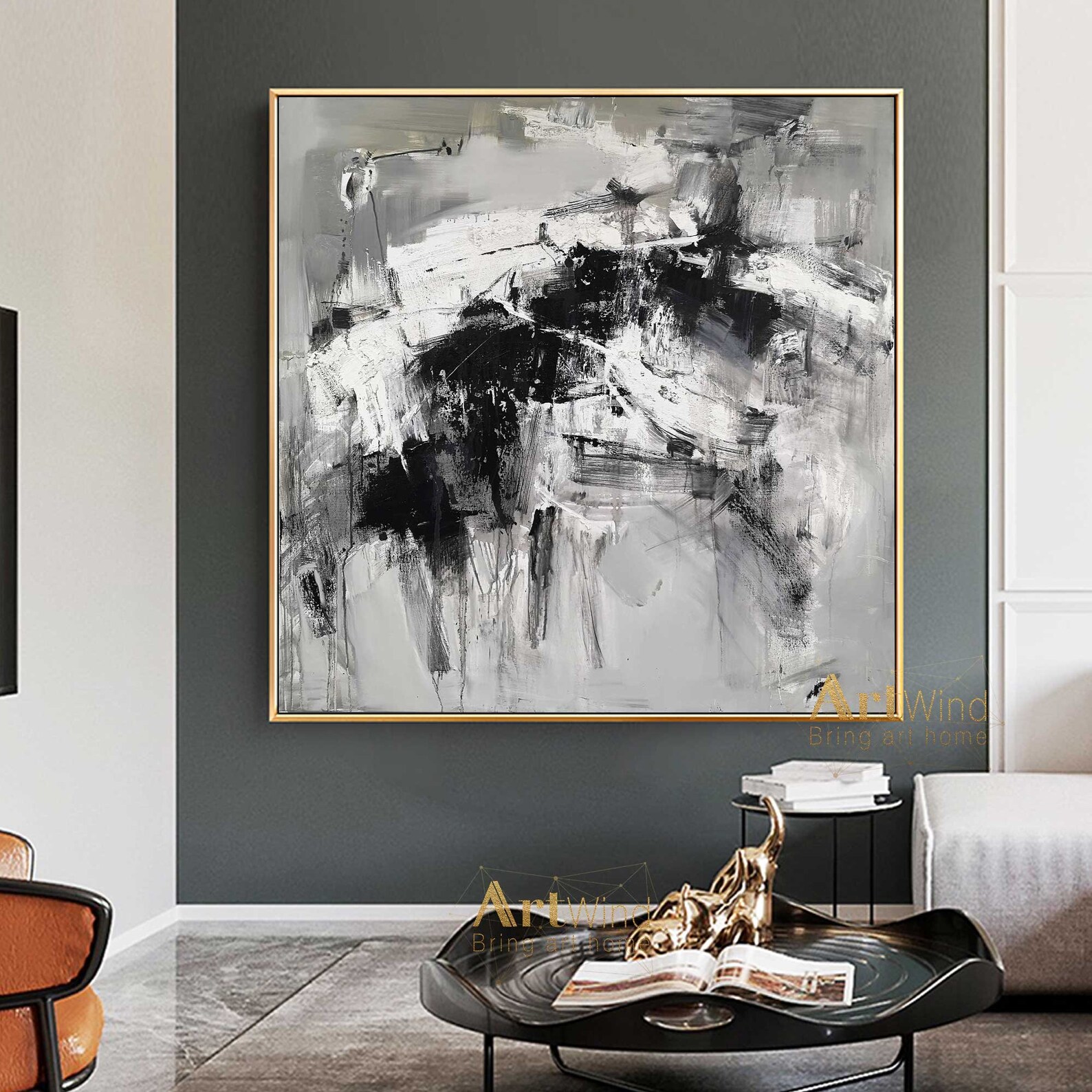 Black and White Art Large Grey Abstract Canvas Art Gray Etsy