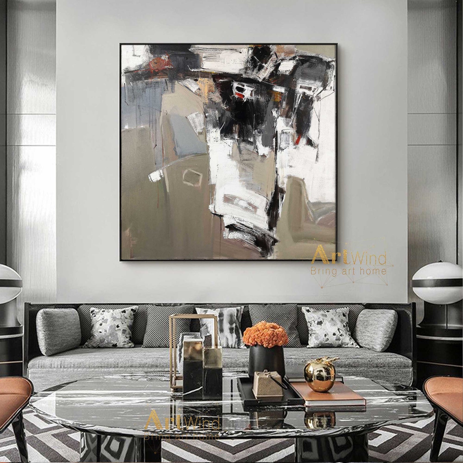 Extra Large Abstract Canvas Art Brown Modern Painting Black Etsy