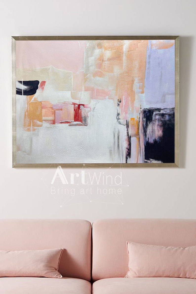 Large Abstract Acrylic Painting Pink And White Canvas Art Etsy