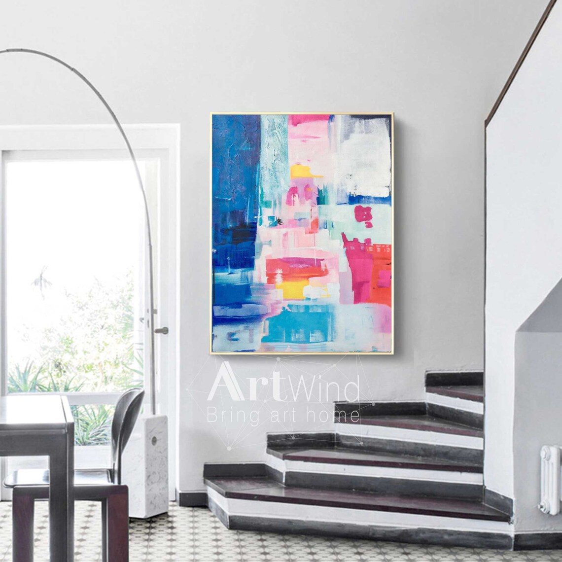 Large Blue Abstract painting Pink art Contemporary Wall Art Etsy