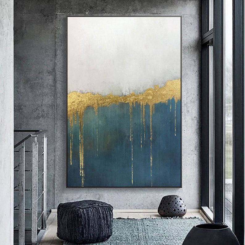 Oversized Abstract Painting Gold Canvas Art Blue Abstract Art Etsy