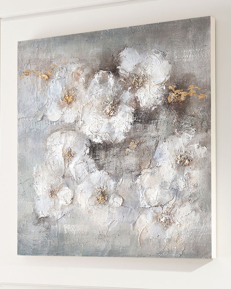 White Flowers Painting Gold and Grey Canvas Art Gold Leaf Etsy