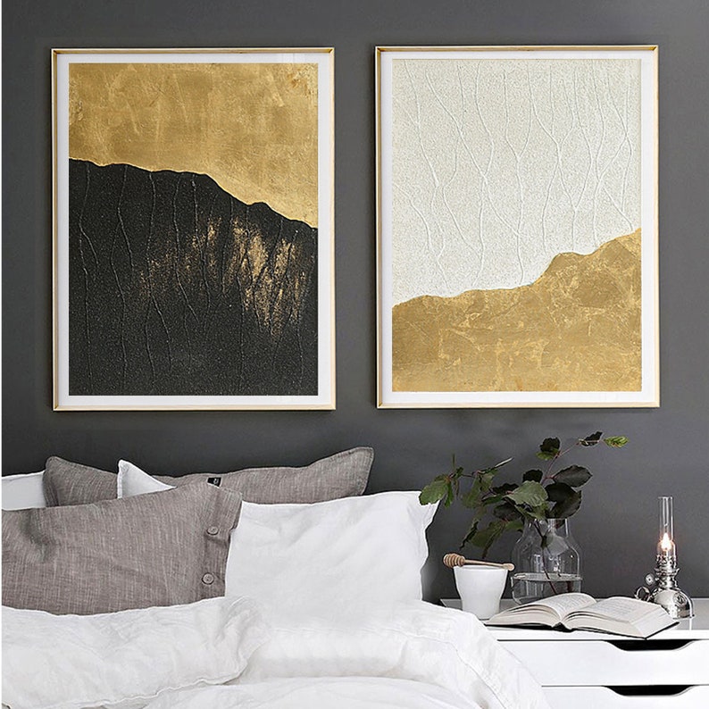 Huge Wall Art Gold Leaf Painting Set of 2 Wall Decor Gold Leaf Etsy