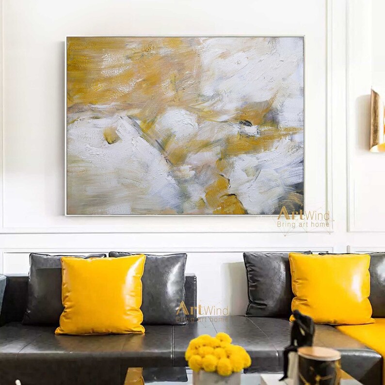 Extra Large Yellow Canvas Art Cloud Abstract Painting White Etsy
