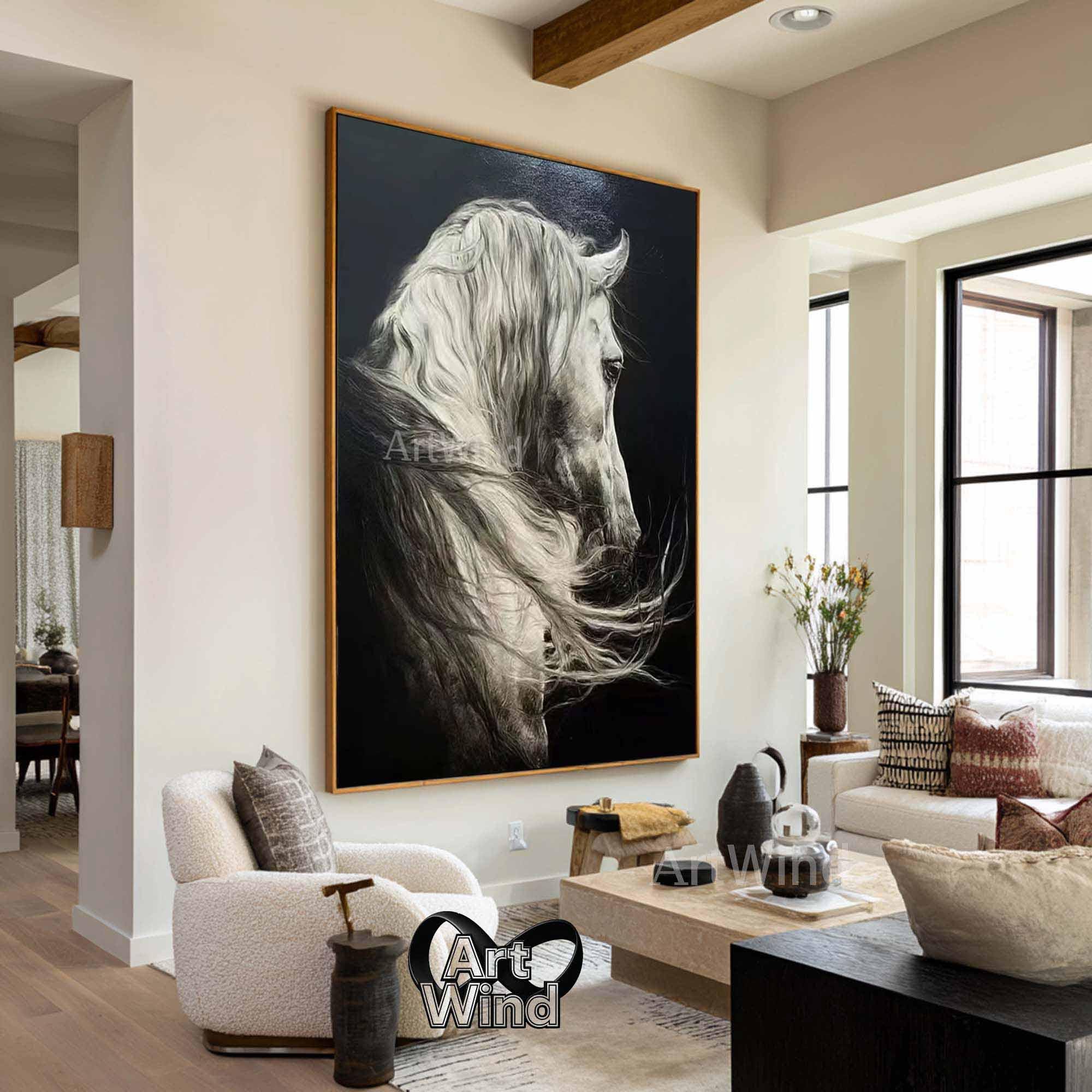 Original White Horse Oil Painting Black and White Animal Canvas Art ...