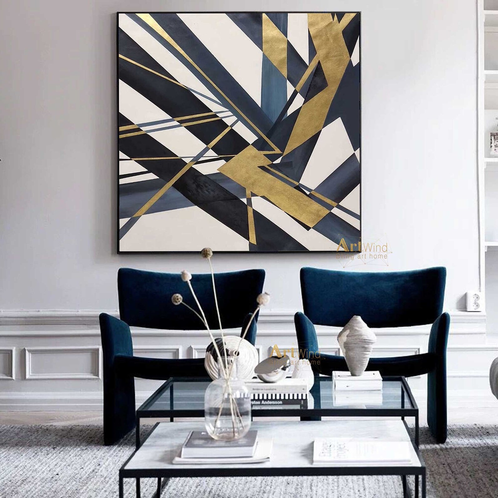 Oversized Painting Navy Blue Canvas Art Abstract Painting Etsy UK