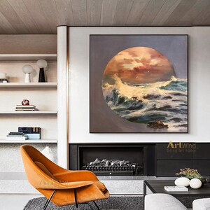 Large Sunset Painting Sunrise Canvas Art Ocean Waves Painting White Modern Acrylic Painting Contemporary Art Living Room Contemporary Decor image 3