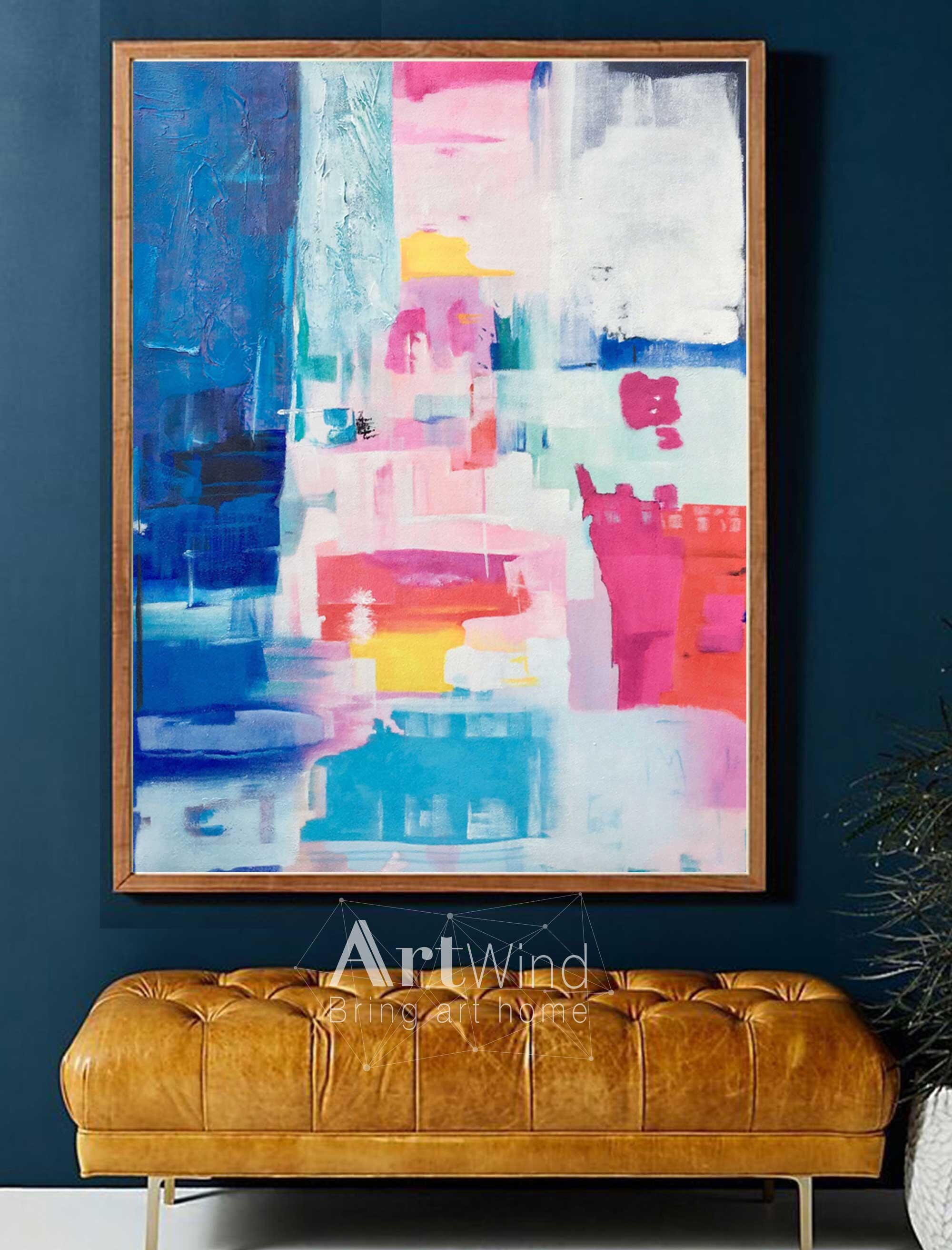 Large Blue Abstract painting Pink art Contemporary Wall Art Etsy