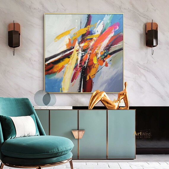 Bright Abstract Canvas Art Blue Knife Painting Colorful Canvas Etsy