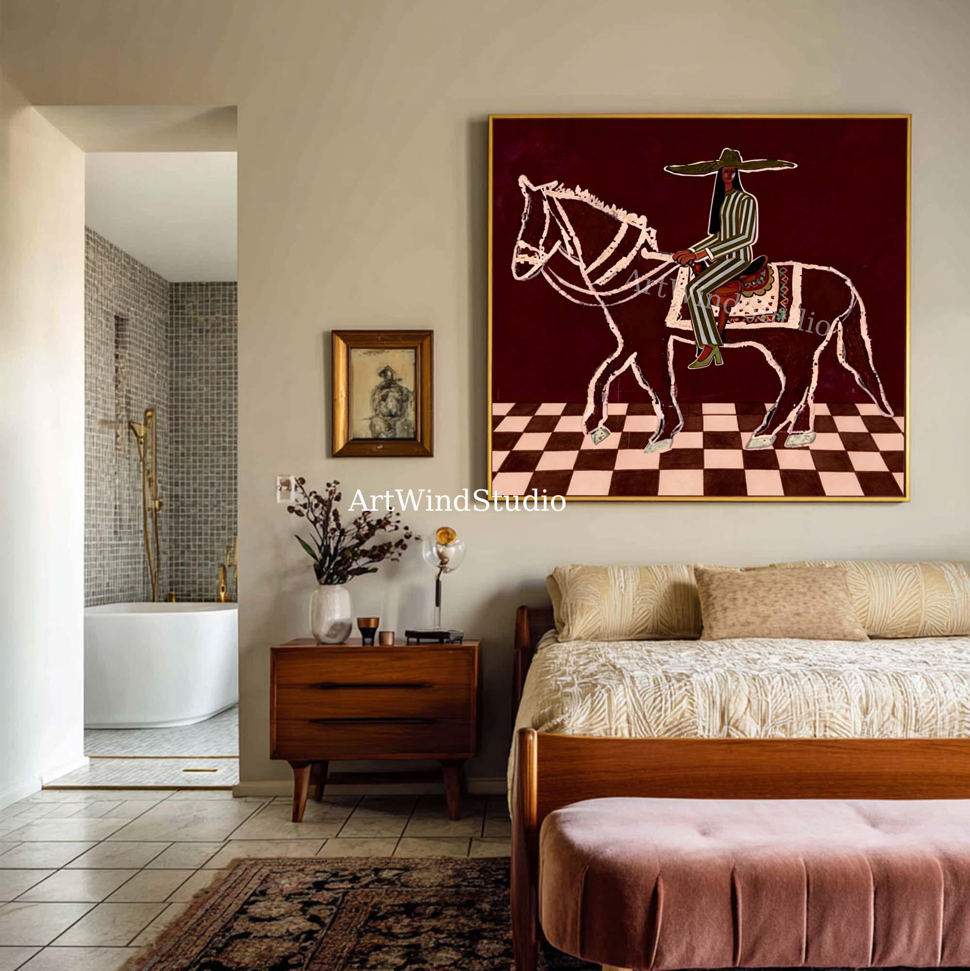 Vintage Abstract Horse Rider Oil Painting Western Cowgirl Wall Art ...