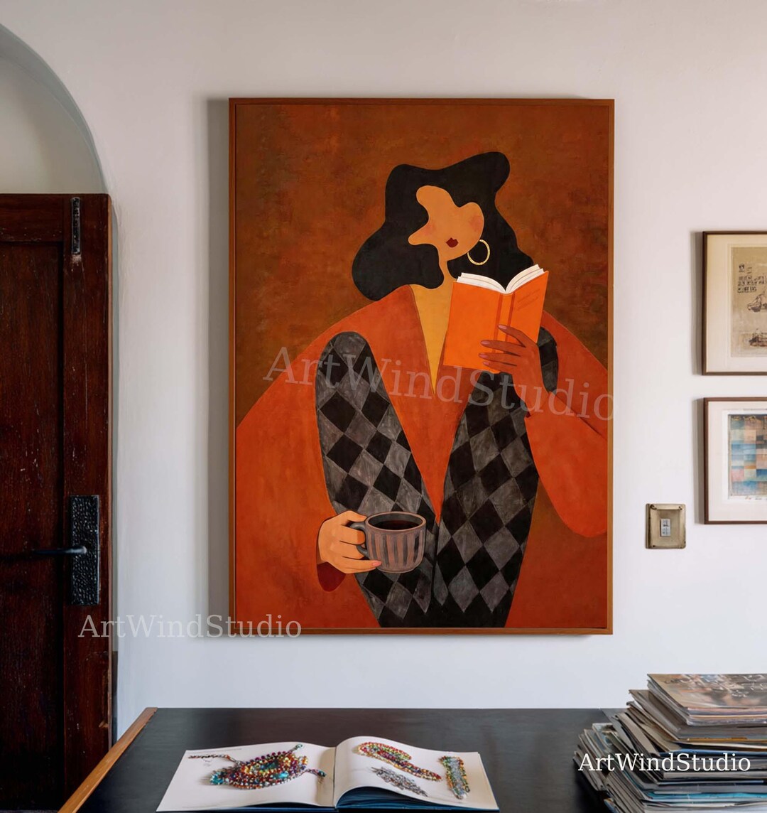 Original Reading Girl Oil Painting Large Abstract Woman With Coffee ...