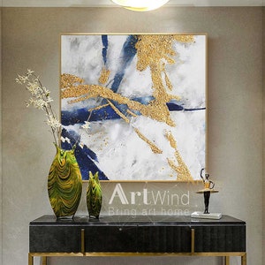 Original Abstract Painting Minimalist Gold Abstract Canvas Art White and Blue Wall Art Navy Blue Canvas Gold And Blue Art Living Room Decor image 8