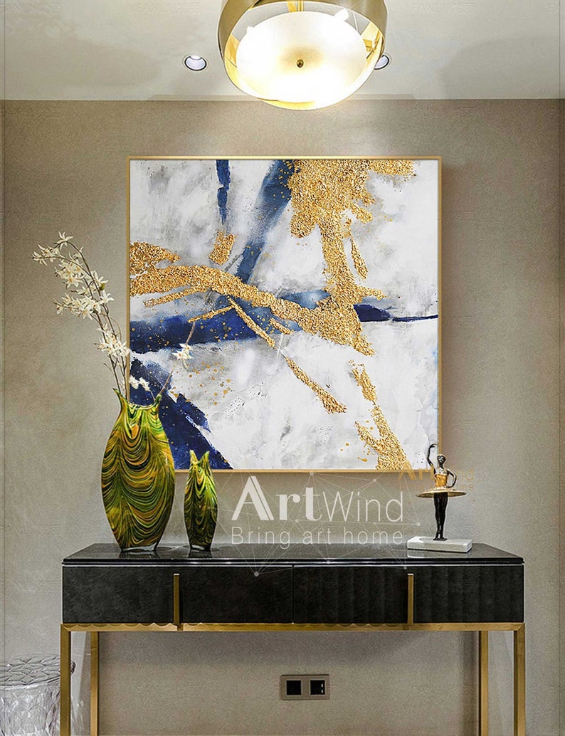 Original Abstract Painting Minimalist Gold Abstract Canvas Art White and Blue Wall Art Navy Blue Canvas Gold And Blue Art Living Room Decor image 8