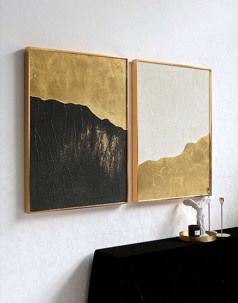 Huge Wall Art Gold Leaf Painting Set of 2 Wall Decor Gold Leaf Etsy