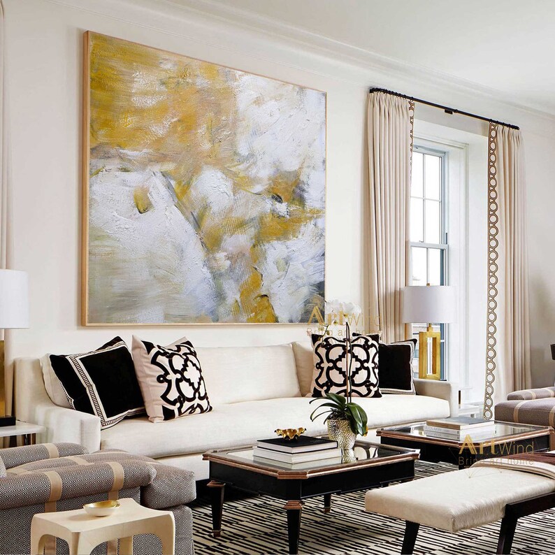 Extra Large Yellow Canvas Art Cloud Abstract Painting White Etsy