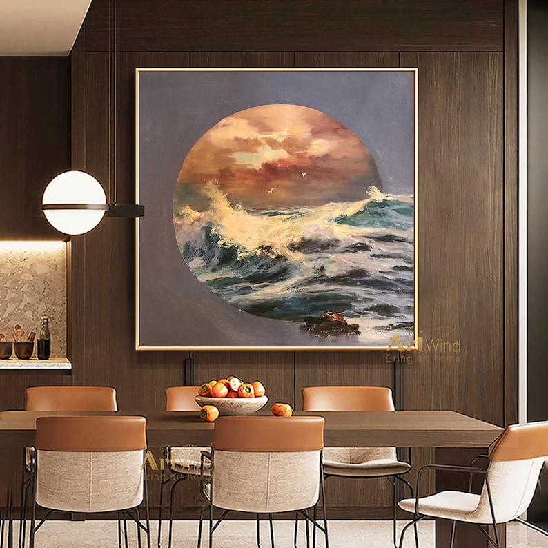 Large Sunset Painting Sunrise Canvas Art Ocean Waves Painting White Modern Acrylic Painting Contemporary Art Living Room Contemporary Decor image 2