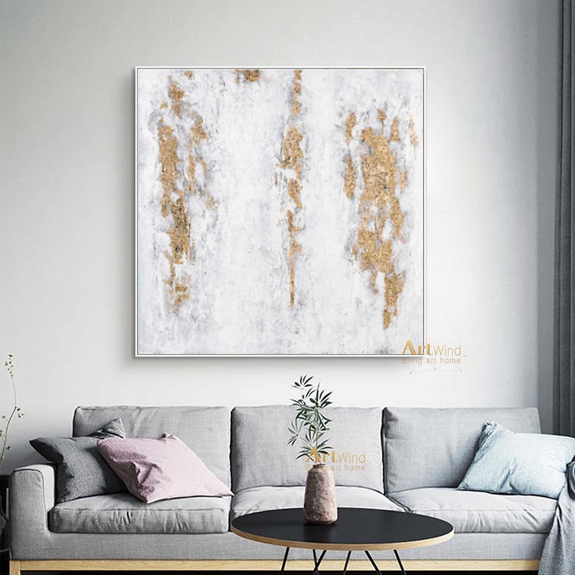 Large White And Gold Canvas Art White Abstract Painting Modern Etsy