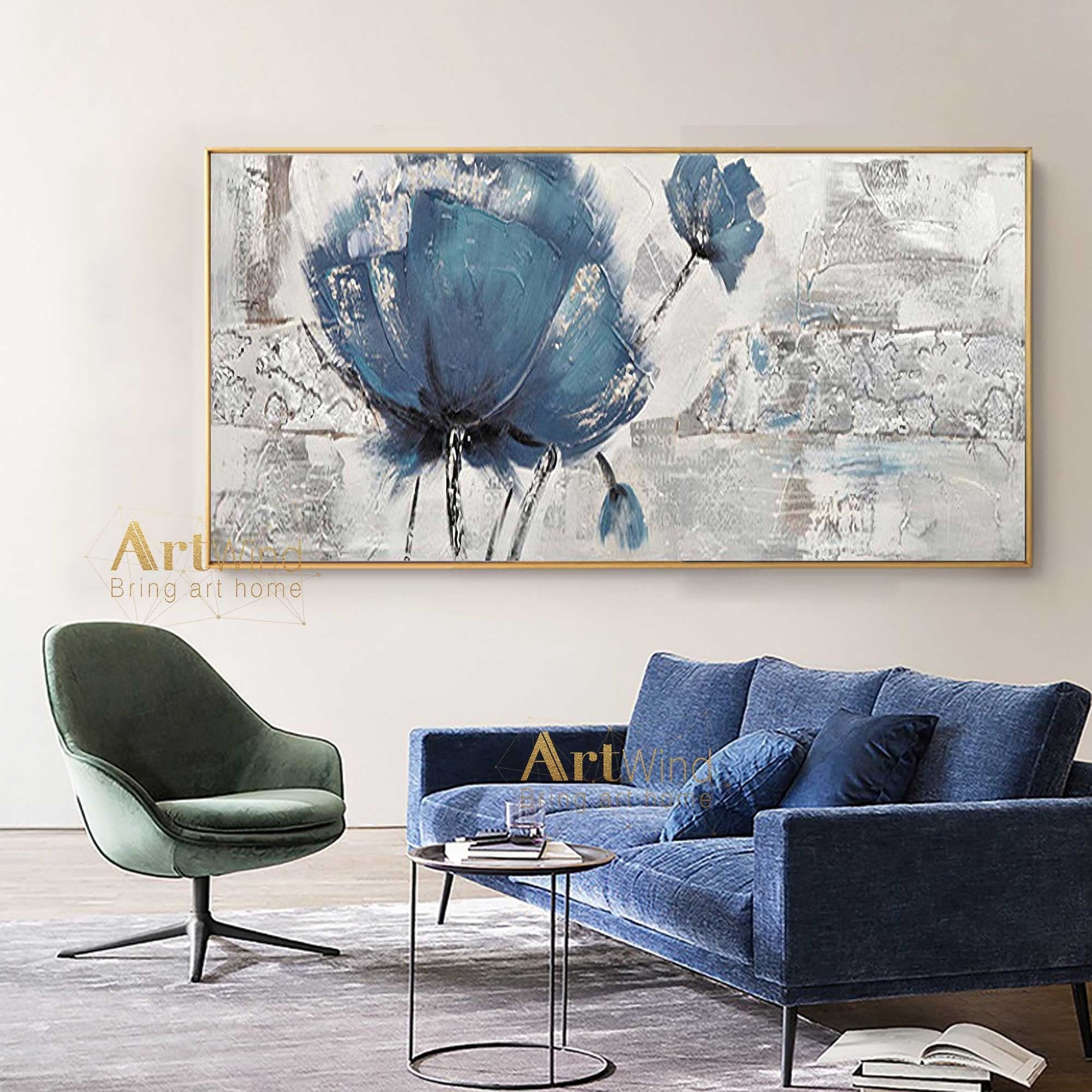 Large Blue Rose Painting: Gray Texture Abstract Canvas Art
