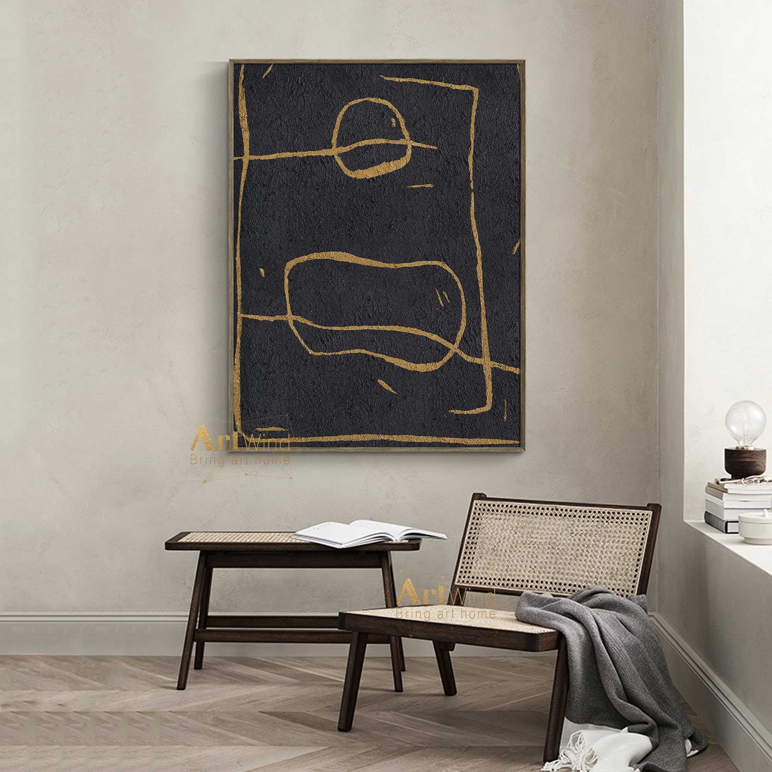 Large Black Abstract Painting Line Minimalist Canvas Art Gold - Etsy