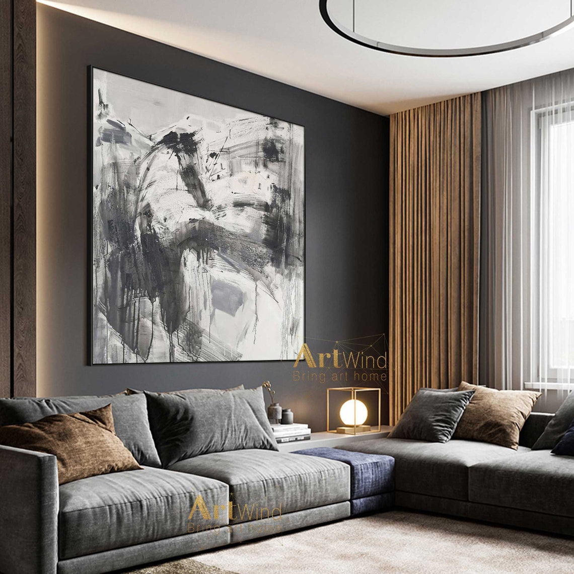 Grey And Black Wall Art Gray Abstract Painting Black Modern Etsy
