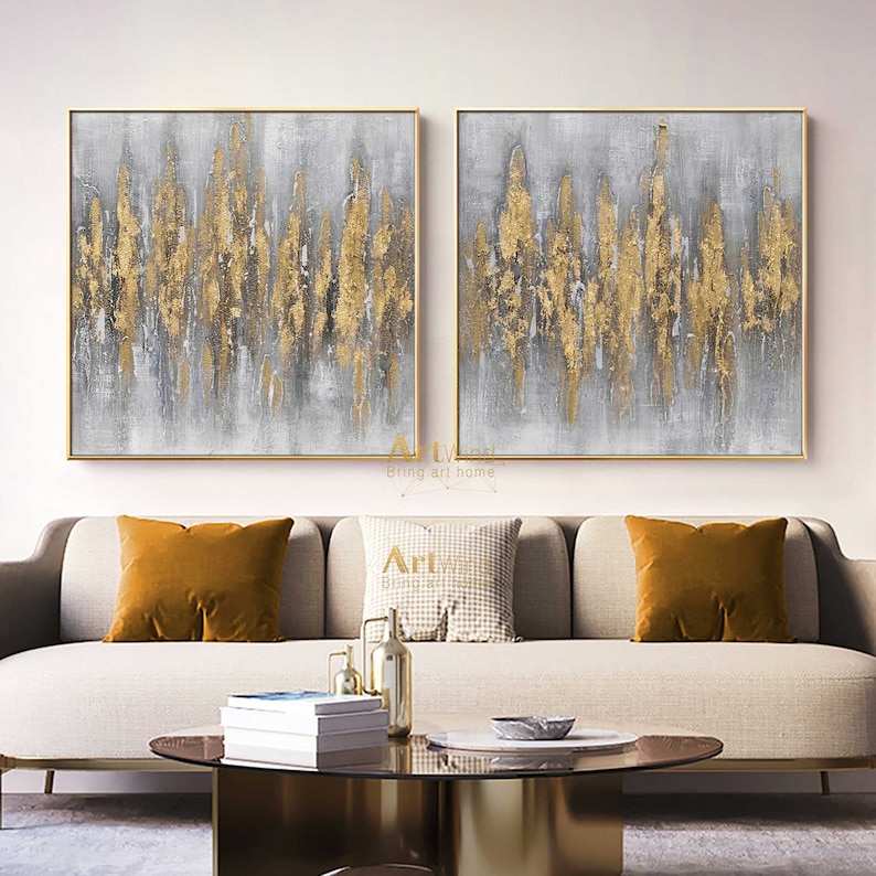 Oversized Grey Abstract Canvas Art Set of 2 Gold Leaf Abstract Etsy