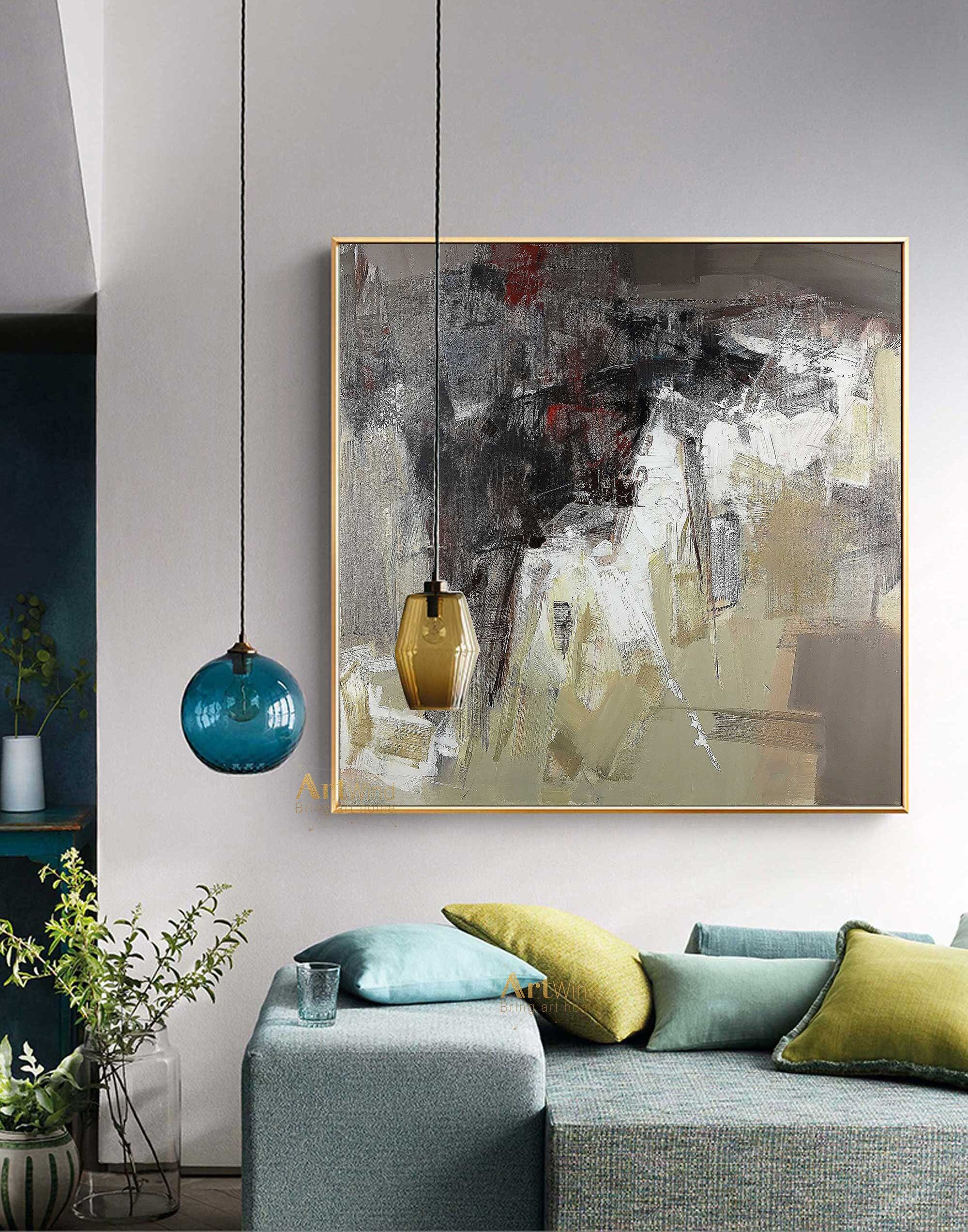 Large Teal Abstract Painting On Canvas Black And White Art Etsy