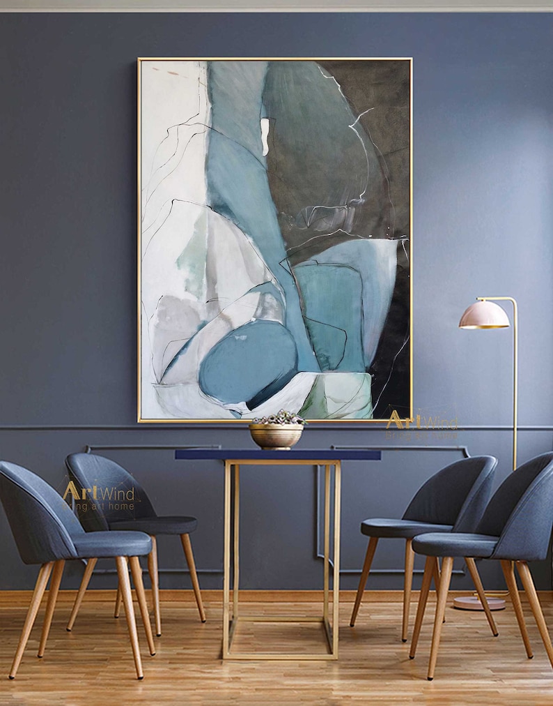 Large Original Abstract Painting Duck Egg Blue Canvas Grey Etsy