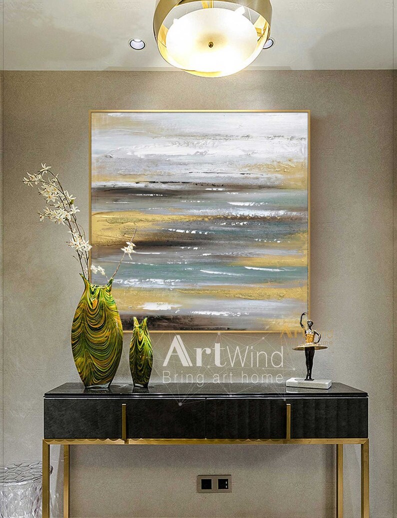 Teal and Gold Wall Art Seascape Painting Gold Leaf Art Etsy