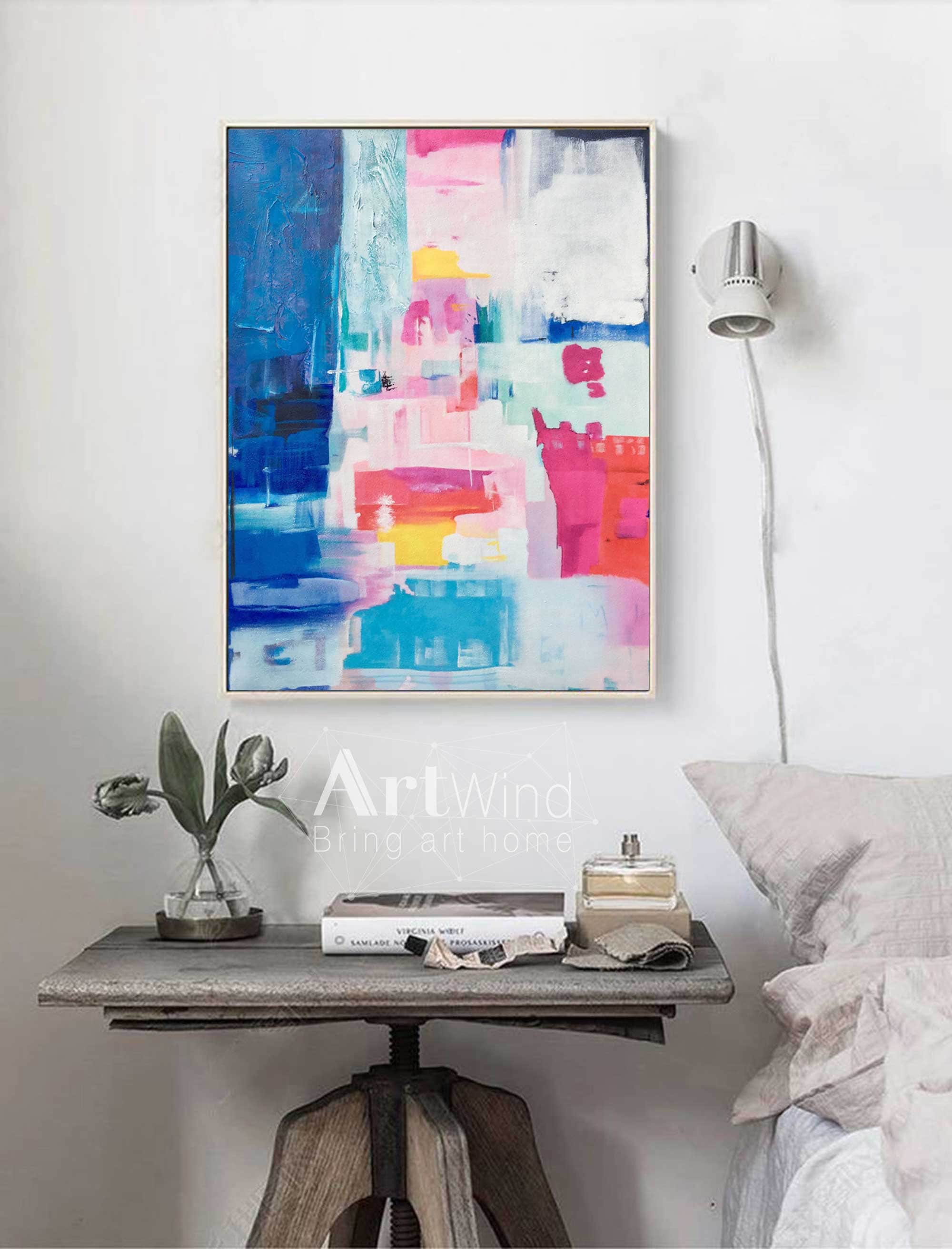 Large Blue Abstract painting Pink art Contemporary Wall Art Etsy