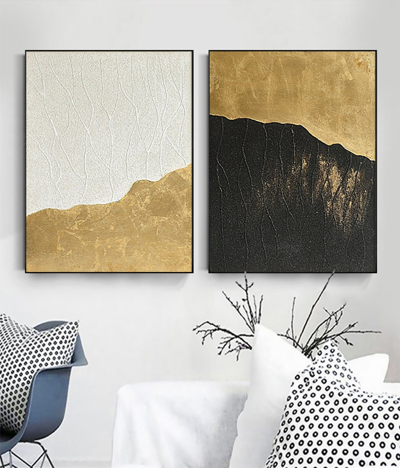 Huge Wall Art Gold Leaf Painting Set of 2 Wall Decor Gold Leaf Etsy