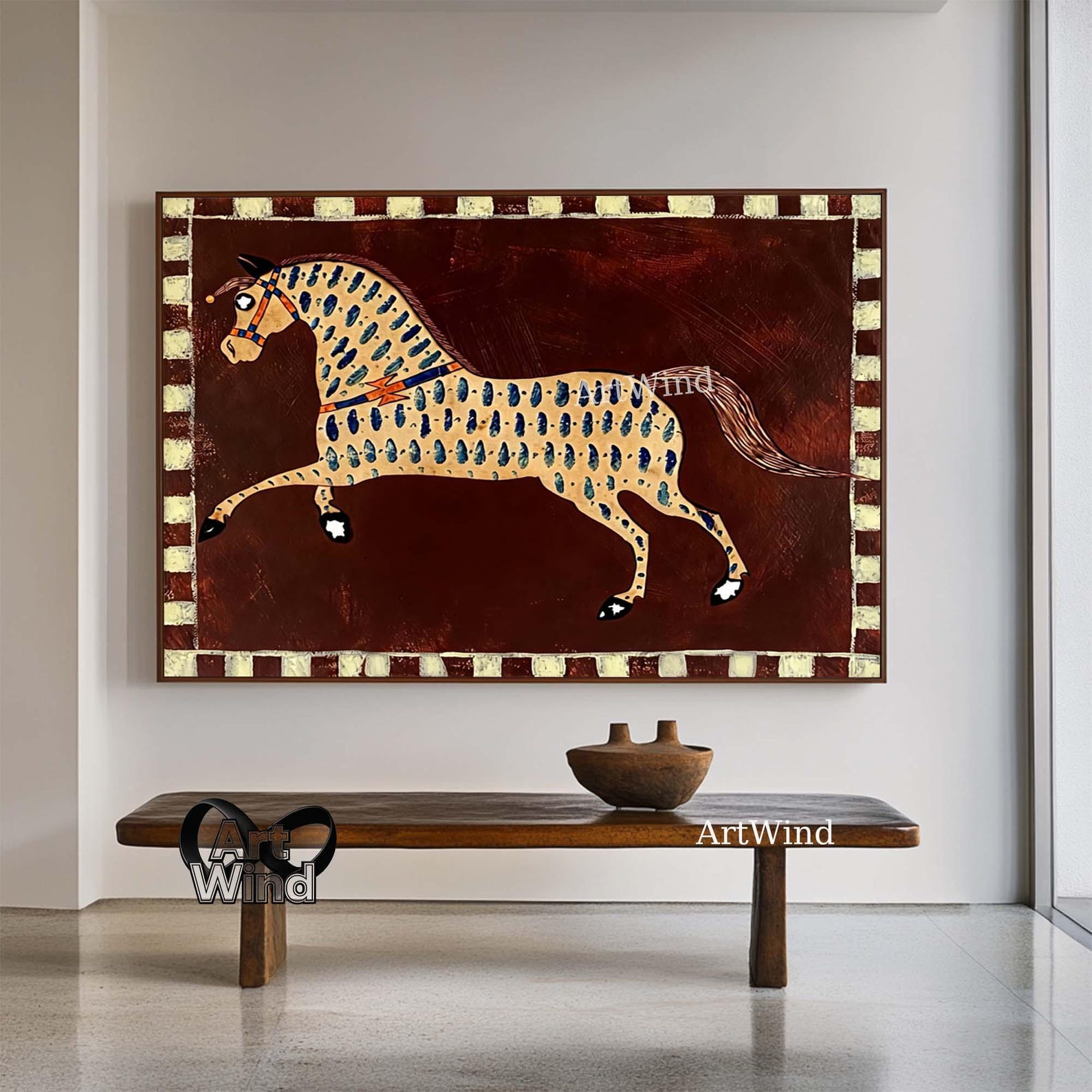 Vintage Abstract Horse Oil Painting Mid-Century Modern Folk Art Canvas Large Rustic Equestrian Wall Art - 32X48 (81X122CM), Frameless stretch