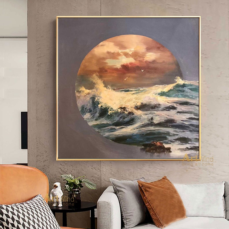 Large Sunset Painting Sunrise Canvas Art Ocean Waves Painting White Modern Acrylic Painting Contemporary Art Living Room Contemporary Decor image 5