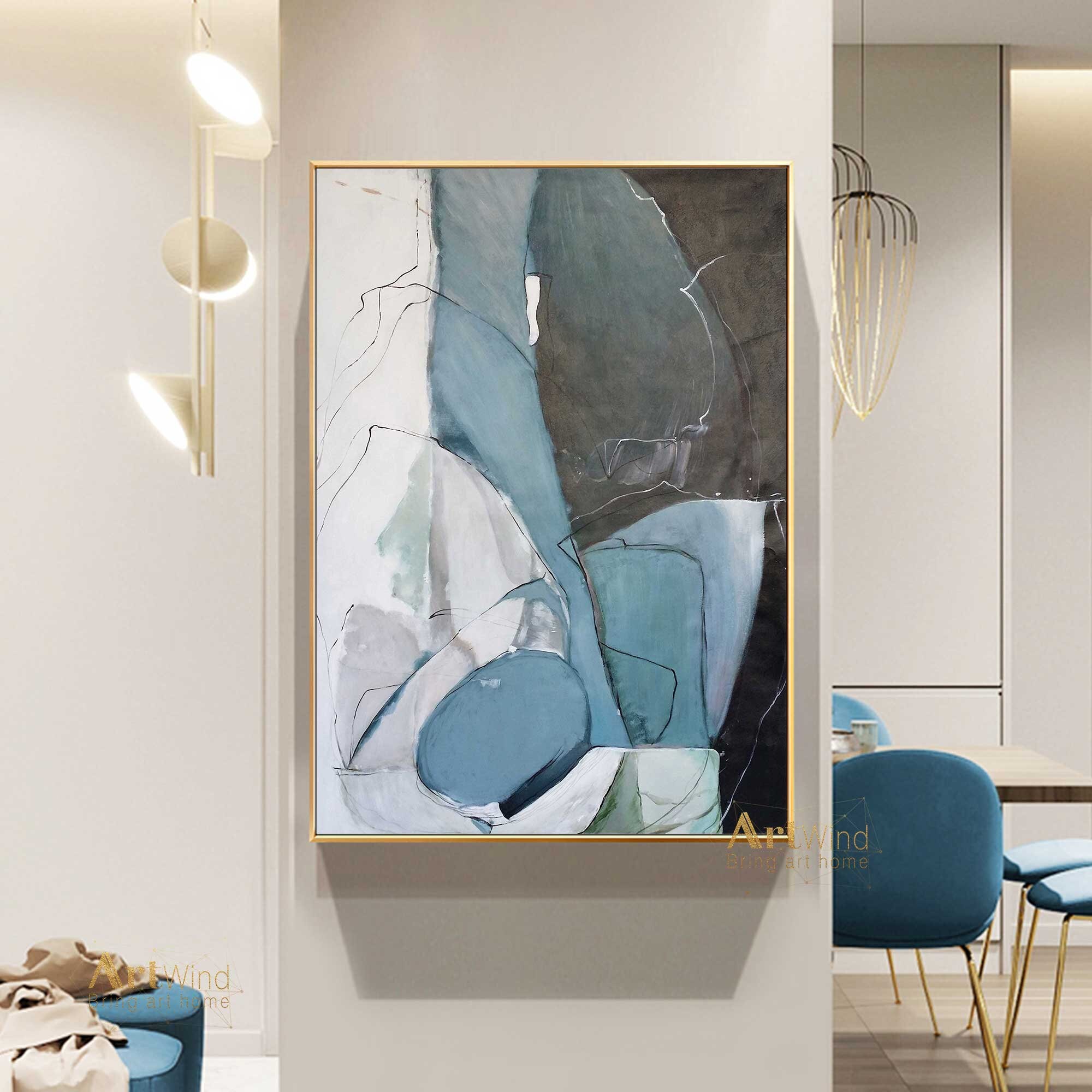 Large Original Abstract Painting Duck Egg Blue Canvas Grey Etsy