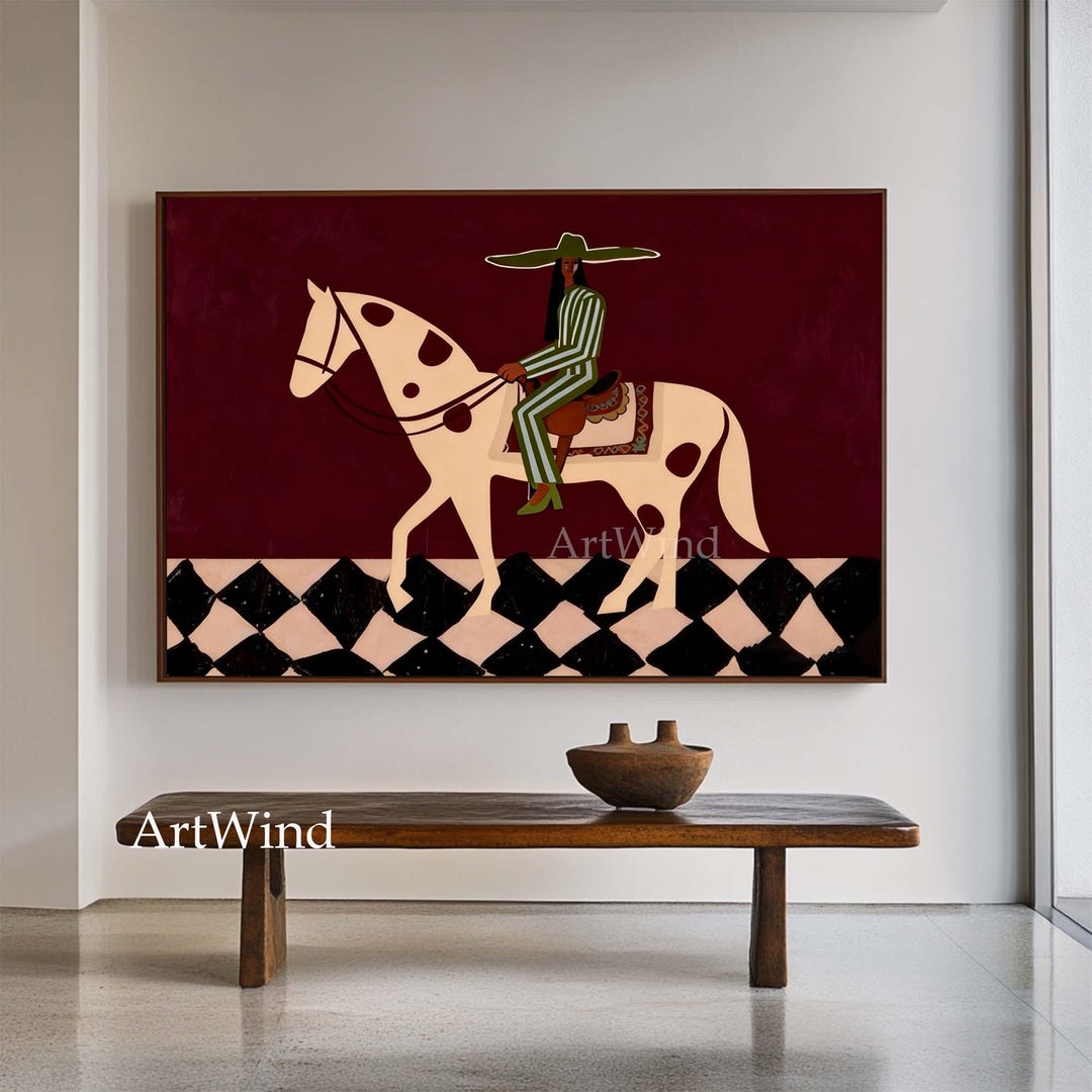 Vintage Abstract Horse Rider Painting Large Red Textured Wall Art ...