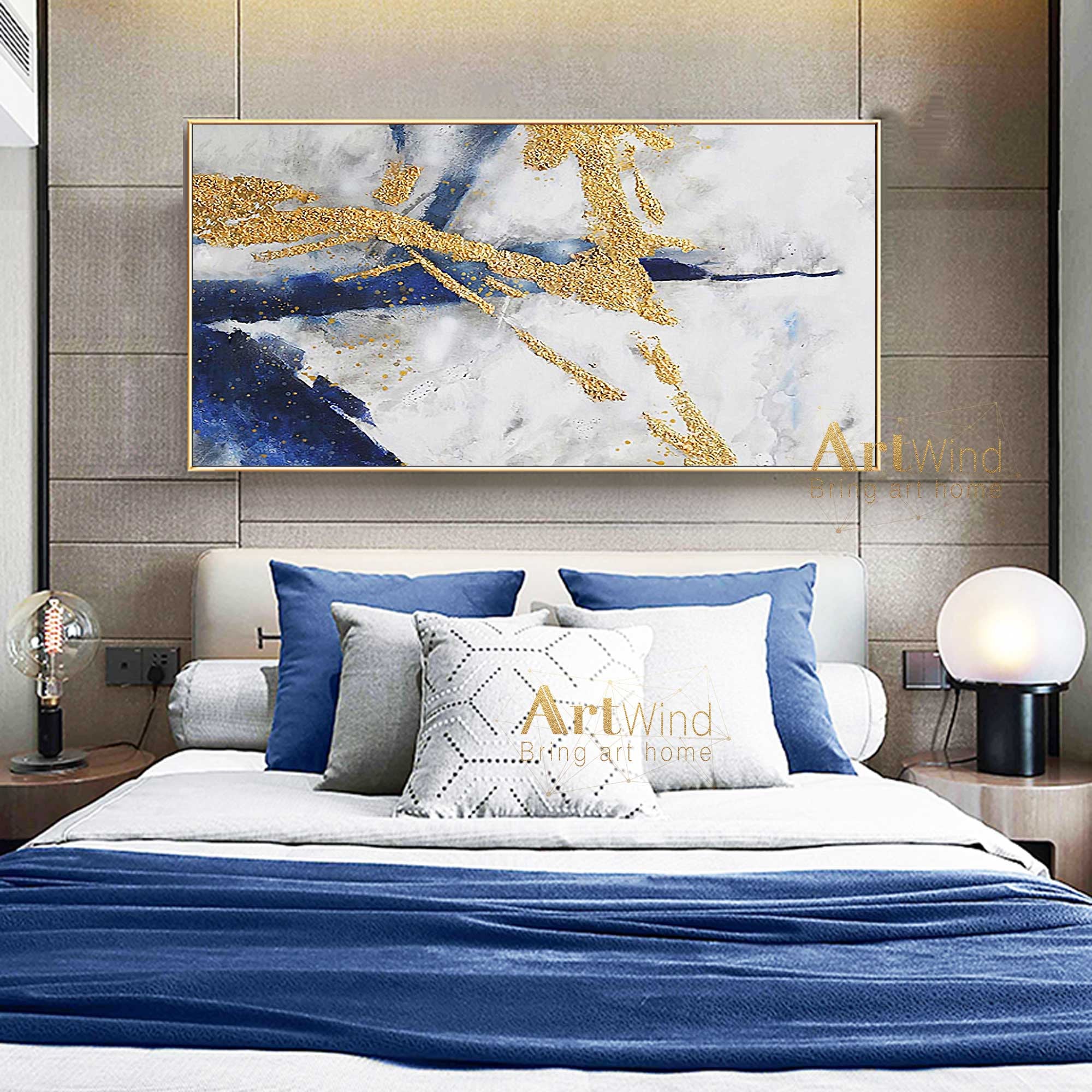 Large Gold Painting Navy Blue Wall Art Original Art Handmade Etsy UK