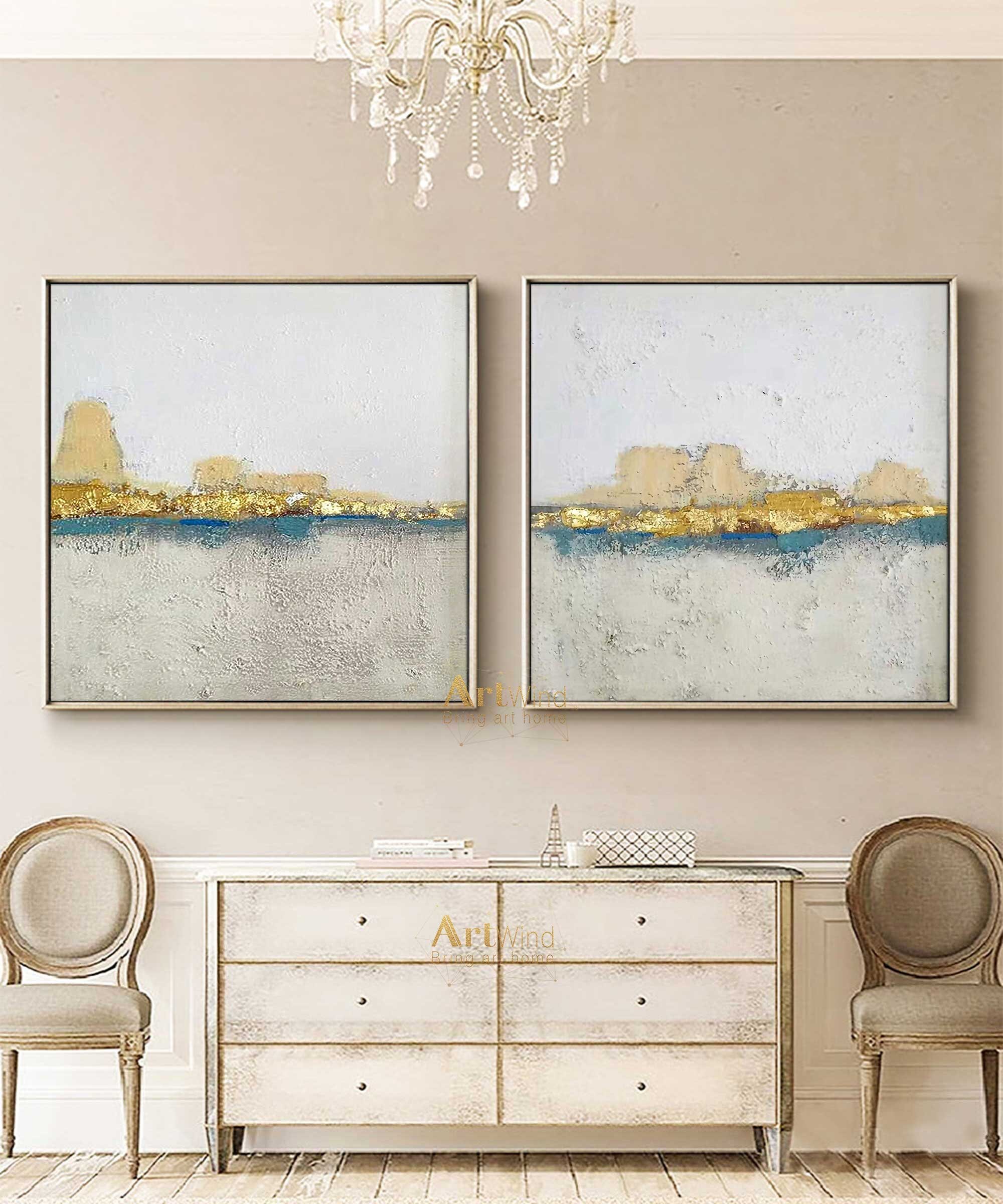 Abstrakte See-Landschaft Leinwandbild – Handbemalt Mit Goldfolie, 91,4 X 61 Cm, Für Wohnzimmer & Schlafzimmer