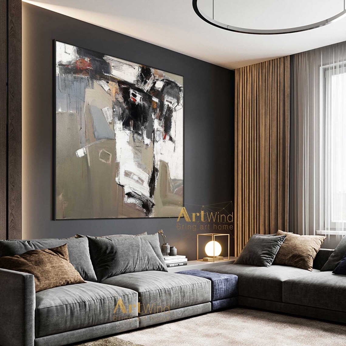 Extra Large Abstract Canvas Art Brown Modern Painting Black Etsy